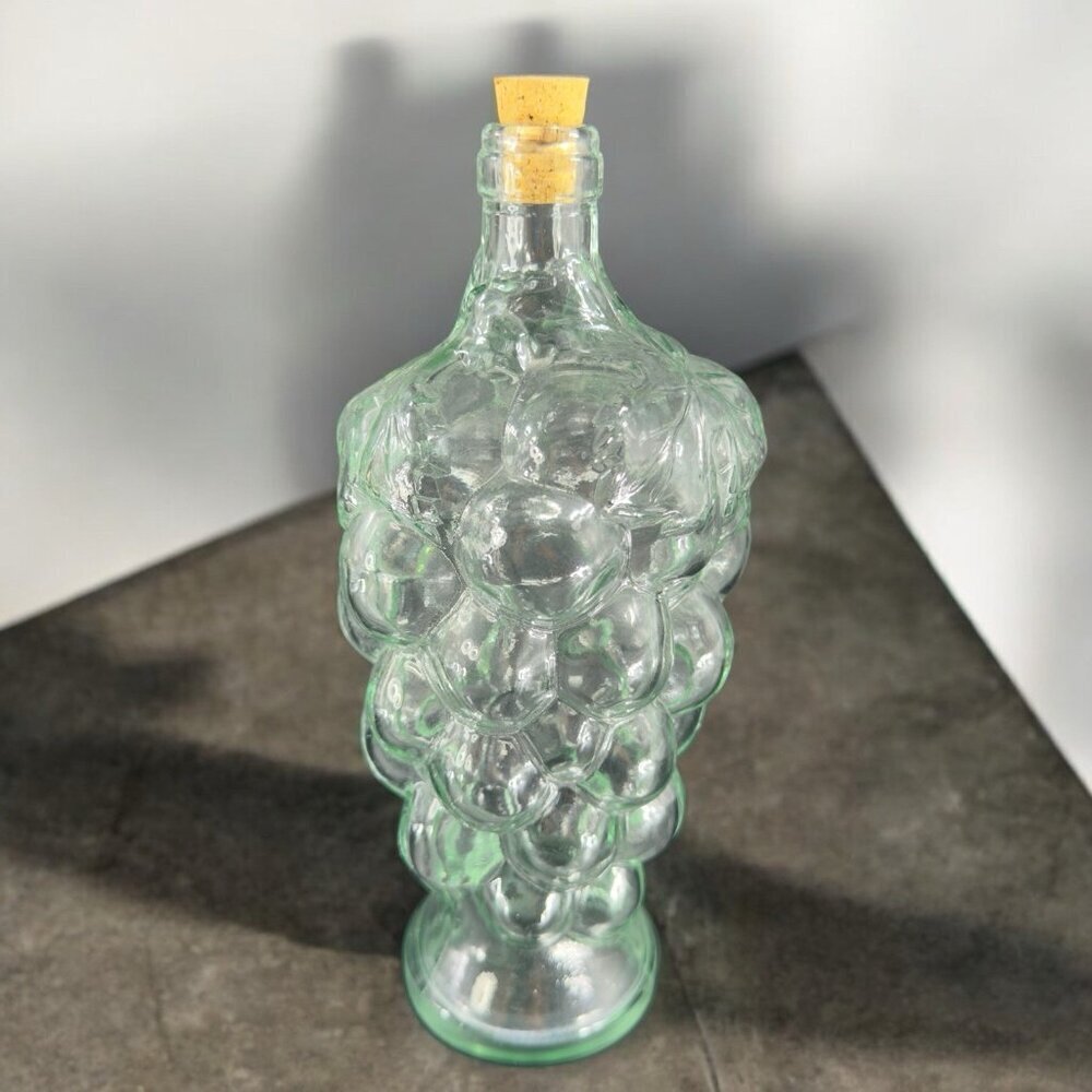 Vintage Glass GRAPE Cluster Shape Transparent Green Decanter Bottle Container